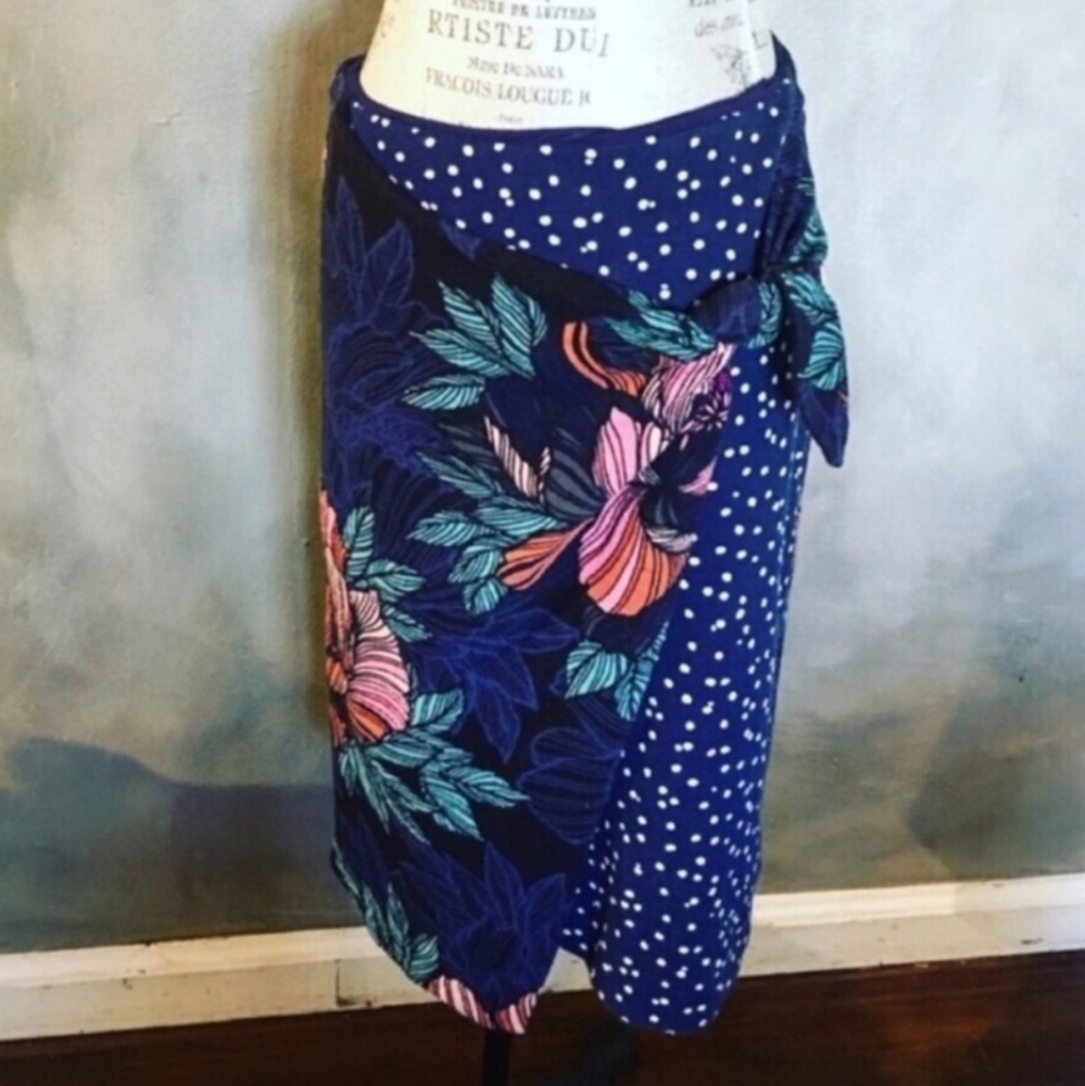 Anthropologie polkadot floral knit blue midi skirt